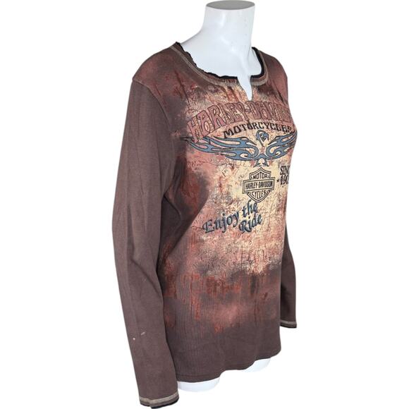 Harley-Davidson Aces & Eights Shirt XL Brown Long Sleeve Distressed Cotton - Picture 9 of 14
